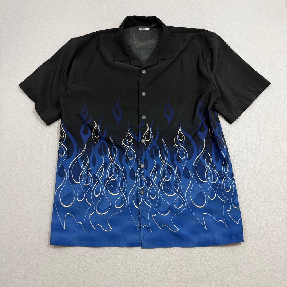 Vintage ODO Shirt Mens XL Black Blue Flame Print Short Sleeve Button Y2K Skater